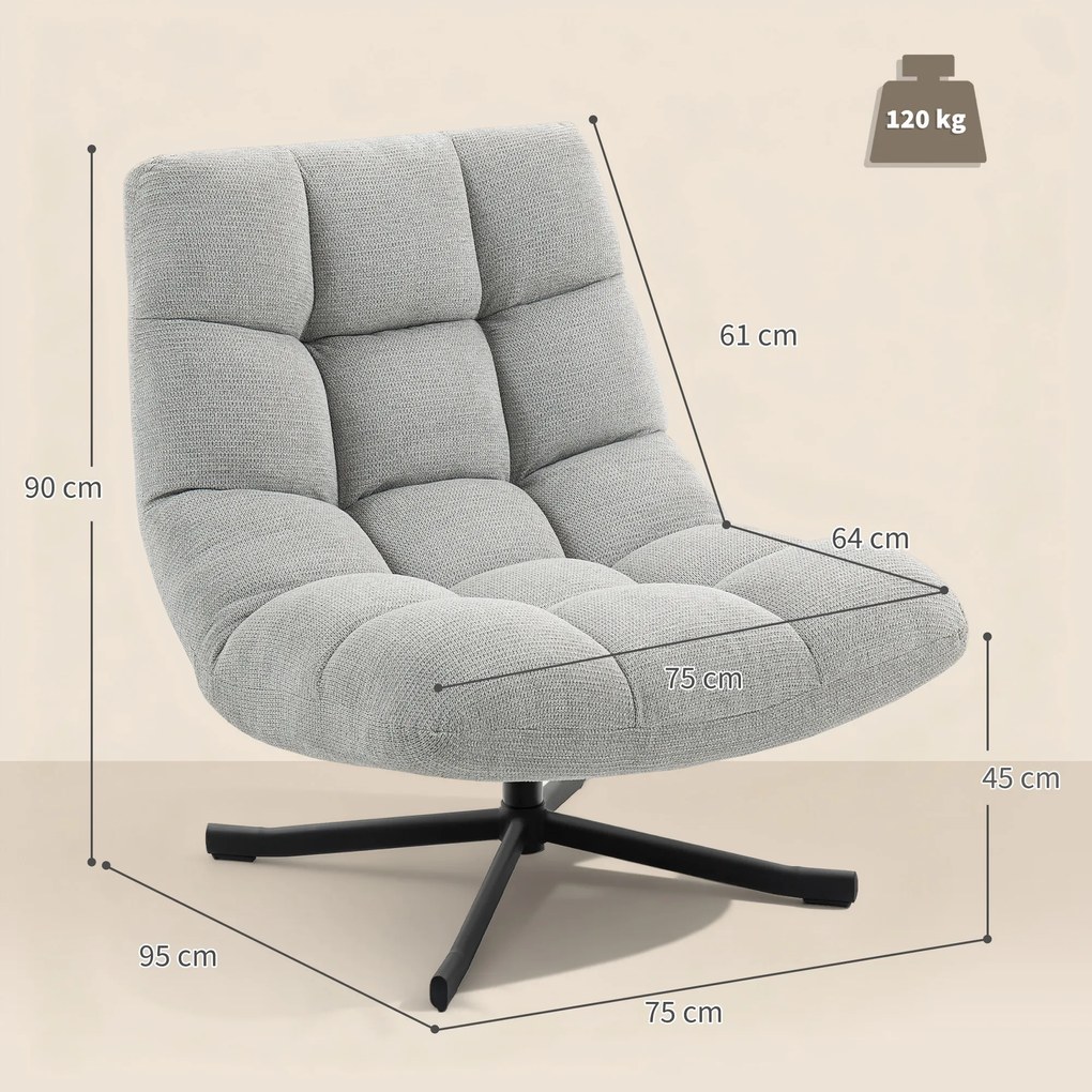 HOMCOM Fotel obrotowy lounge szerokie siedzisko wygodny fotel do salonu tapicerka chenille jasnoszary nowoczesny | Aosom PL