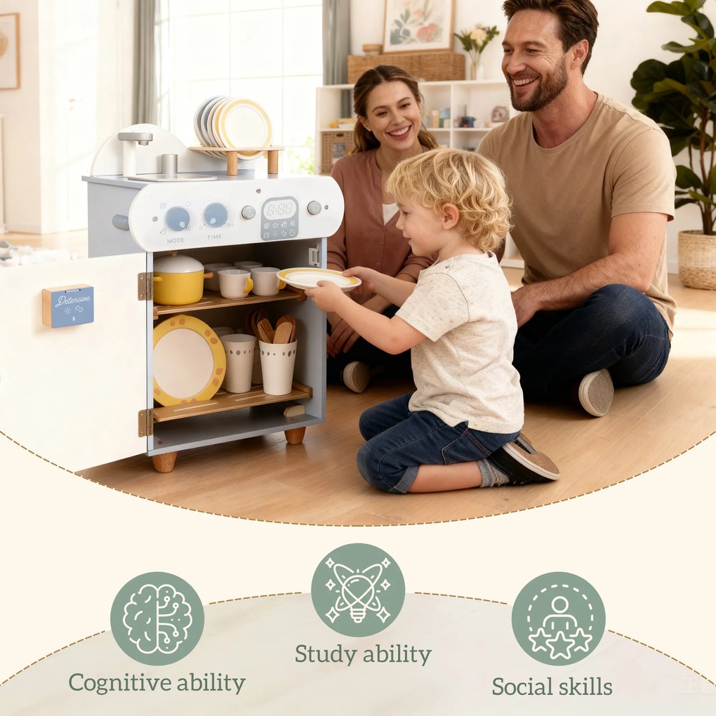 AIYAPLAY Zestaw kuchni ze zlewem, 32 elementy akcesoriów, MDF, dla dzieci od 3 lat, jasnoniebieska