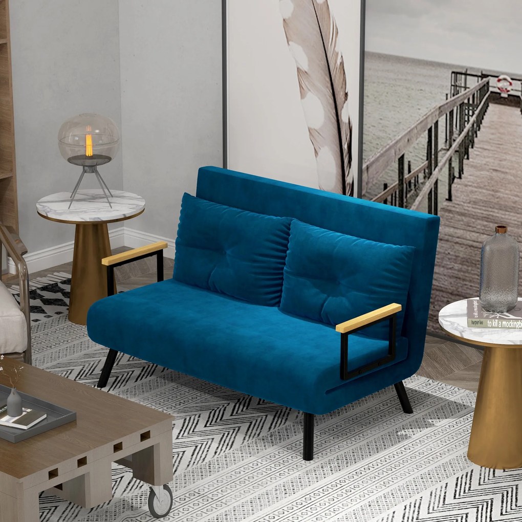 rozkladana sofa HOMCOM 2-osobowa niskie wymiary z poduszkami aksamit naturalne niebieskie Aosom PL