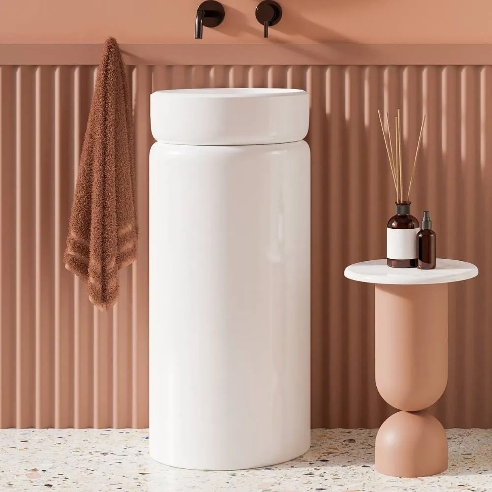 Umywalka z konglomeratu wolnostojąca okrągła biała błyszcząca 85 x 40 cm RONA White GLOW bez przelewu : Podłączenie syfonu - Do podłogi