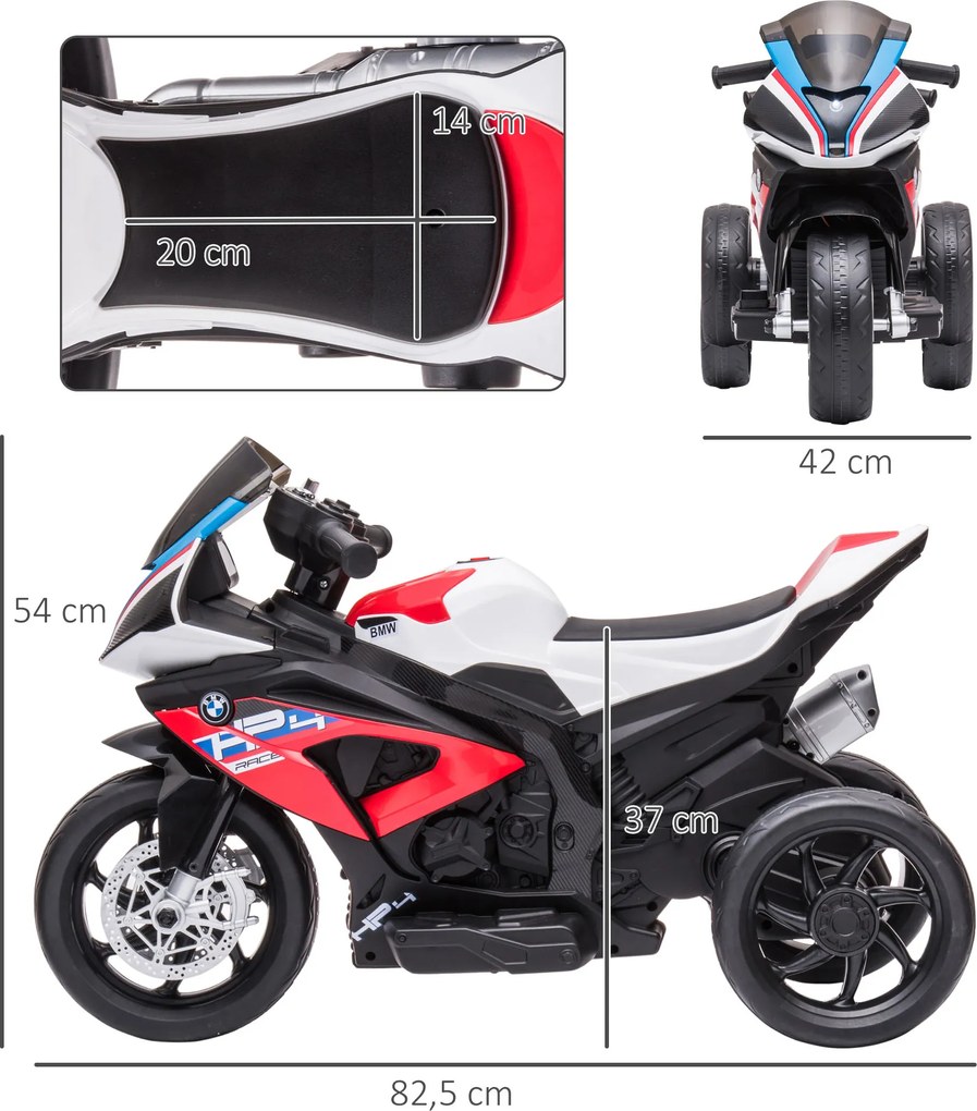 HOMCOM Motocykl Dla Dzieci, Motocykl Elektryczny, Reflektor, 3 Tryby Muzyczne, Dla Dzieci 1,5-5 Lat, Czerwony, 82,5 x 42 x 54cm