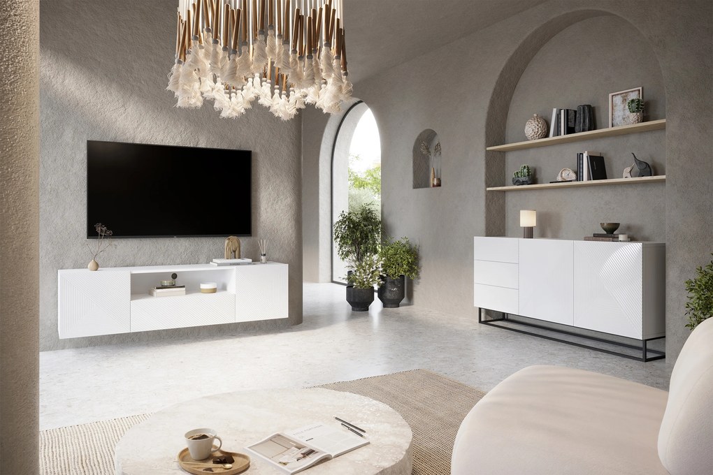 Szafka RTV wisząca Asha 167 cm z szufladą - biały połysk