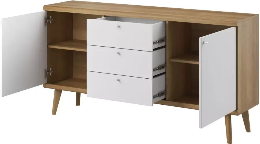 Komoda Bliwon 3-szuflady + półki 160 cm skandynawska dąb riviera/biały nowoczesna szafka drewniane nogi