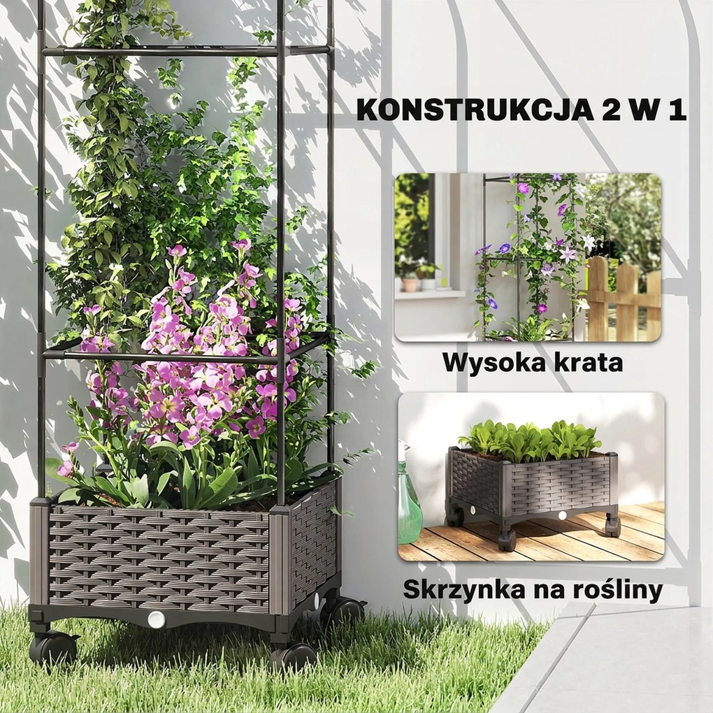 Outsunny Podwyższona grządka z kratką mobilna skrzynka na rośliny z rolką i otworem odpływowym, skrzynka 40 x 40 x 185 cm | Aosom PL
