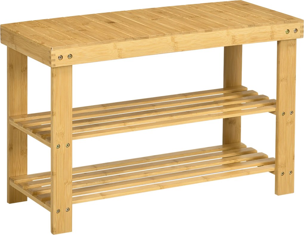 HOMCOM Ława na Buty, 3 Poziomy, Pomieści 6-9 Par Butów, do 130 kg, Bambus, 70 x 28 x 45cm