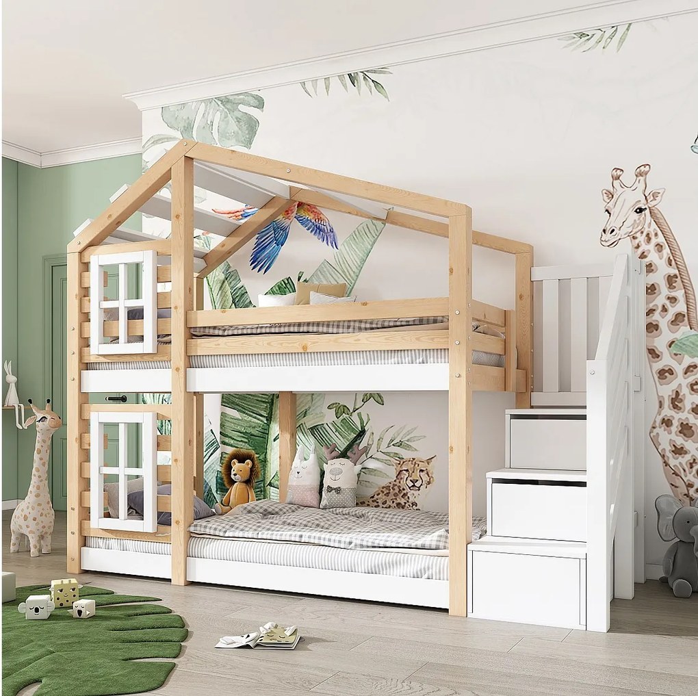 Łóżko piętrowe 90x200 cm – Łóżko dziecięce z drabinką i drewnianym stelażem – naturalne i białe – materac nie jest wliczony w cenę