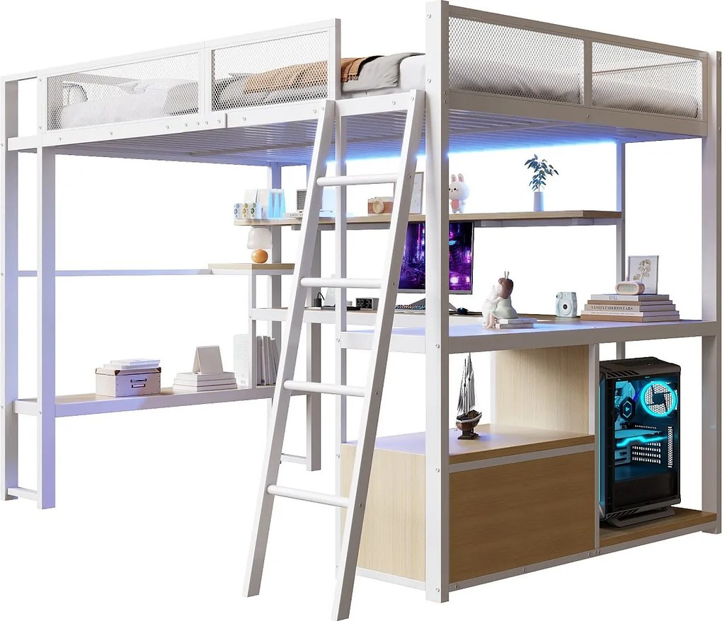 Łóżko piętrowe metalowe dla dzieci - 140 x 200 cm - ze zintegrowanym biurkiem + oświetlenie LED + schowek - białe