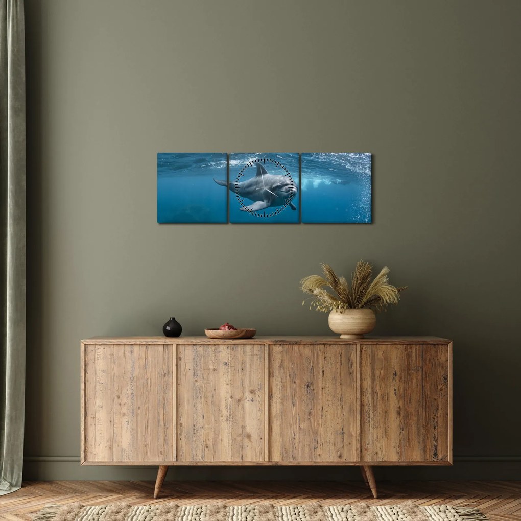 Obraz - Delfin pod wodą (z zegarem) (90x30 cm)