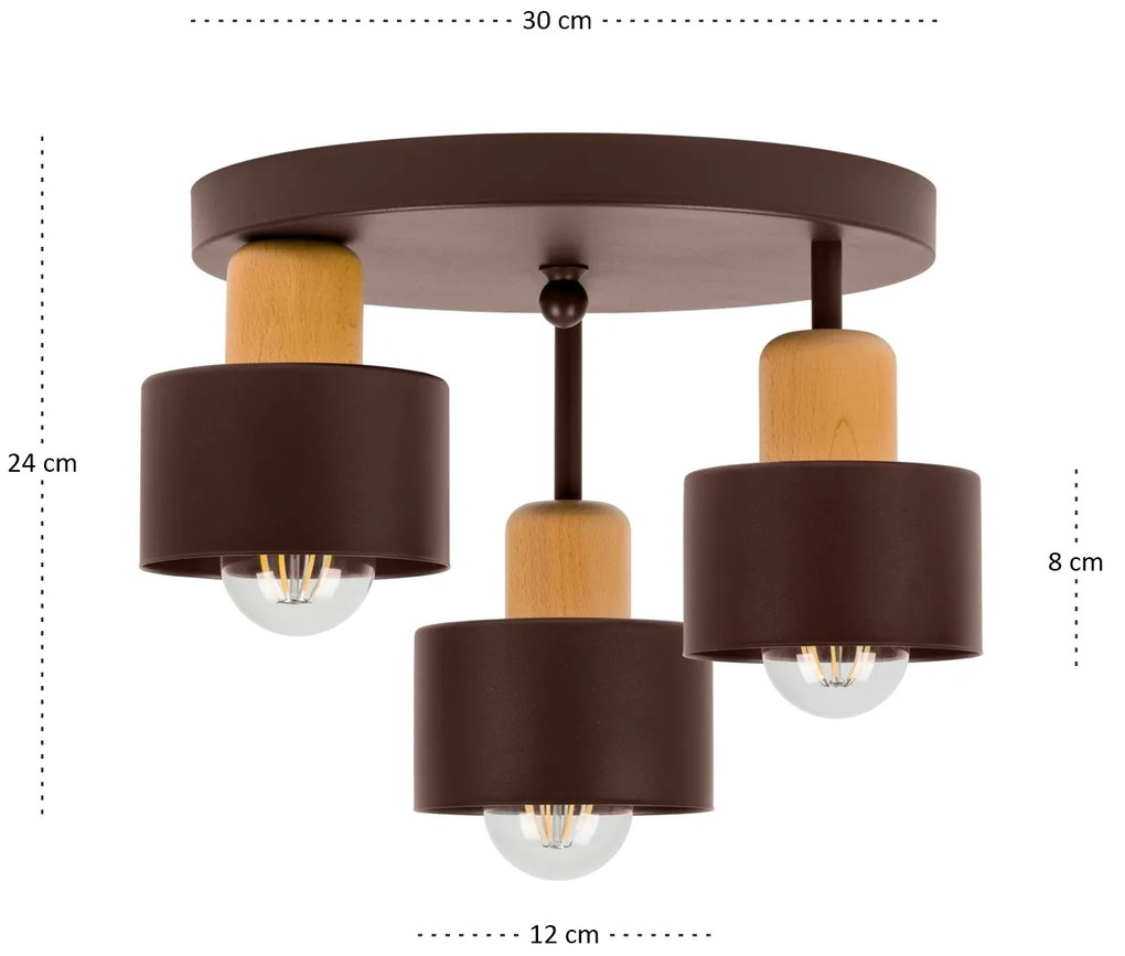 Brązowa lampa sufitowa, trzypunktowy spot DBU3030BR z drewna i metalu