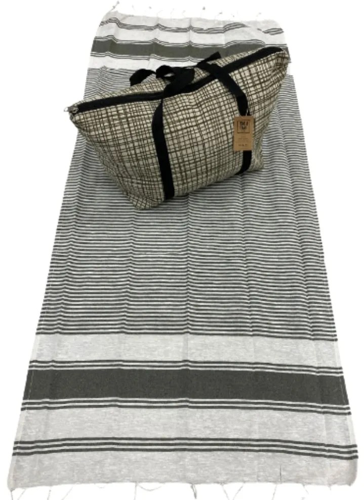 Stylowy zestaw torby plażowej + ręcznika HAMAM 75x150 cm, khaki, 100% bawełna organiczna