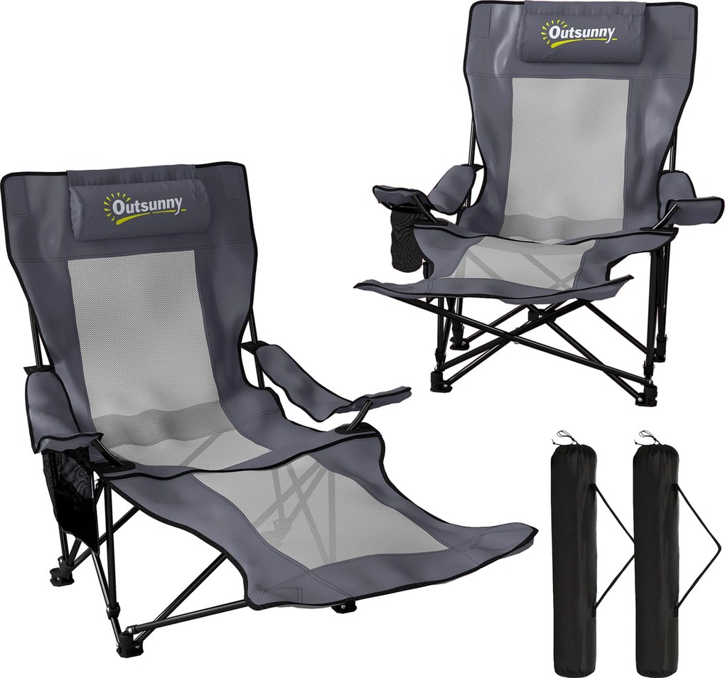 Outsunny Zestaw 2 składanych krzeseł kempingowych z regulowanym oparciem, podnóżkiem, uchwytem na napoje i zagłówkiem, ciemnoszary | Aosom PL