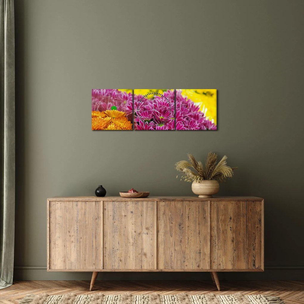 Obraz różowego kwiatu (z zegarem) (90x30 cm)