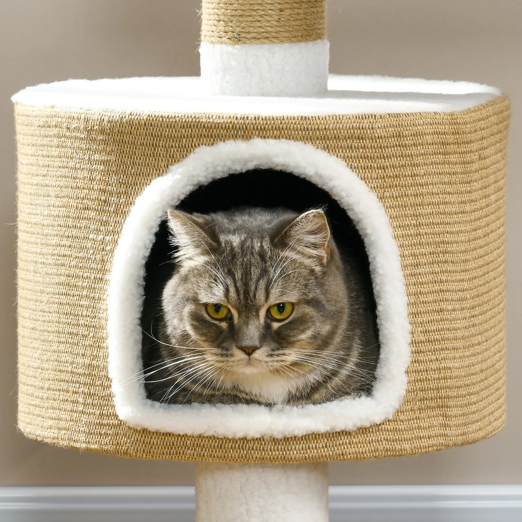 PawHut Drapak dla kotów z domem dla kota, 1 domem dla kota, 1 powierzchnią do leżenia, 70 cm x 49 cm x 79 cm, Naturalny + Biały