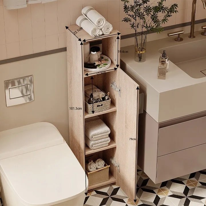 Szafka łazienkowa słupek wąski brązowa drzwi wysoki półki nowoczesna 101cm