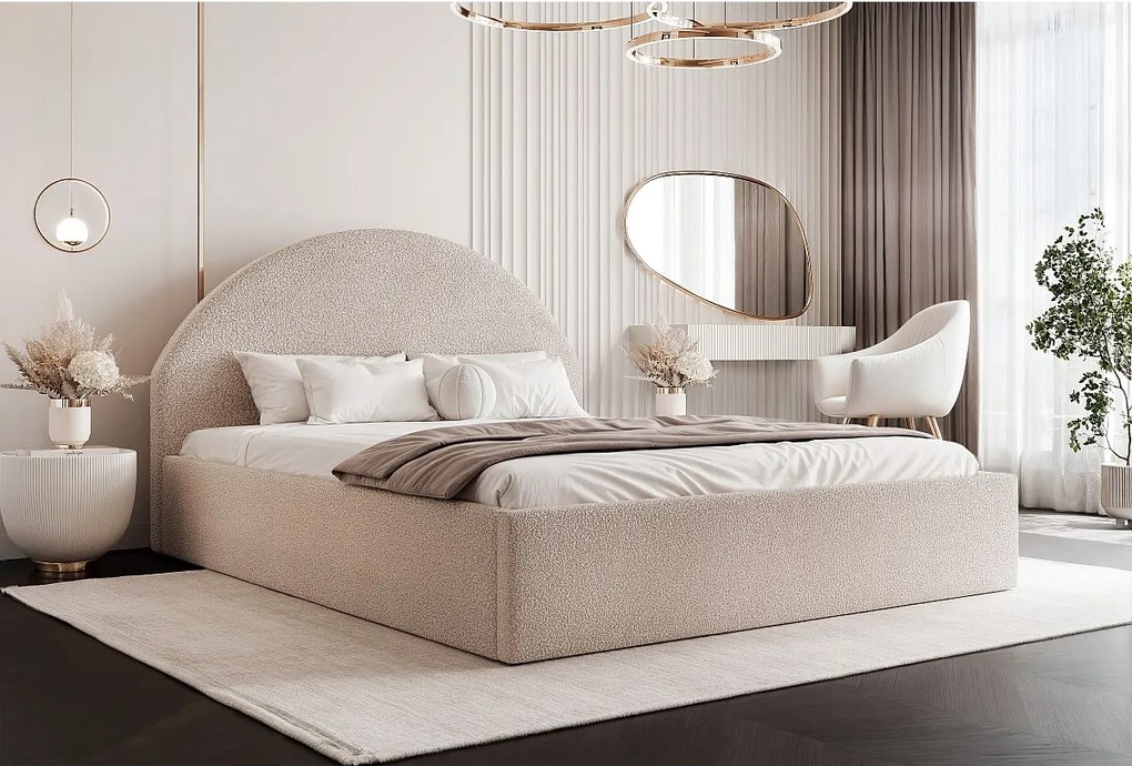 BESILIO Łóżko tapicerowane Boucle 160x200 Velora - stelaż listwowy, wezgłowie, pojemnik, łóżko slim - Beżowy