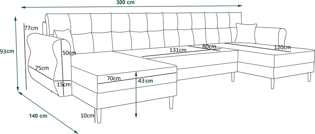 PROMOCJA Rozkładany narożnik w kształcie U SILVIANO 300x140 cm, szary + 2 poduszki GRATIS II. jakość