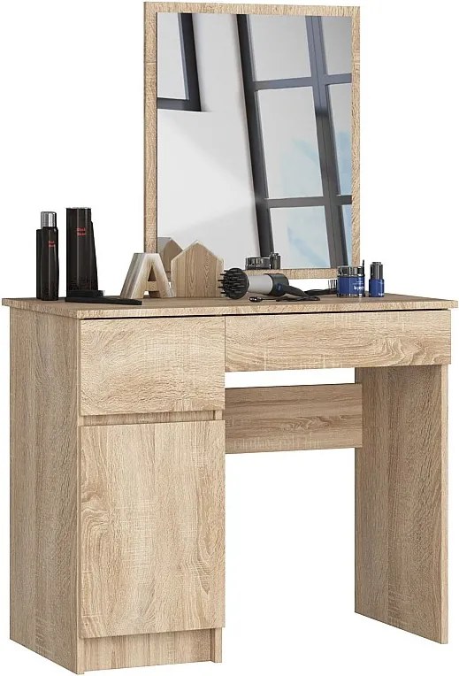 Toaletka AKORD P2 Dąb Sonoma 90 cm z lustrem 500x600 lewa 1 drzwi 2 szuflady kolor Dąb Sonoma mat 2 półki 90x50x142 cm