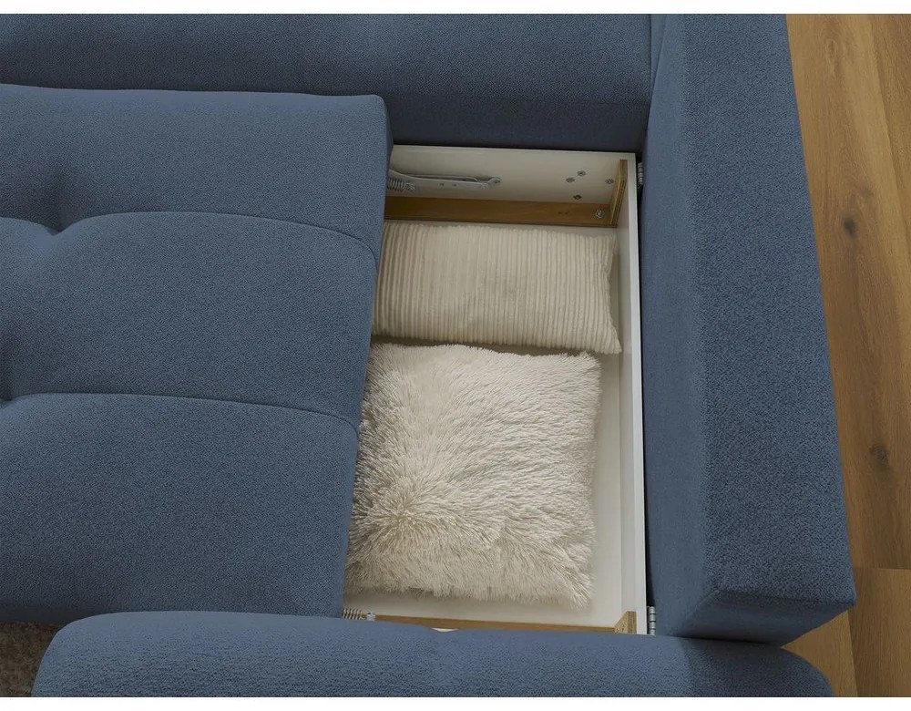 Niebieski rozkładany narożnik z tkaniny szenilowej ze schowkiem (lewostronny/z szezlongiem) Roxelane – Bobochic Paris