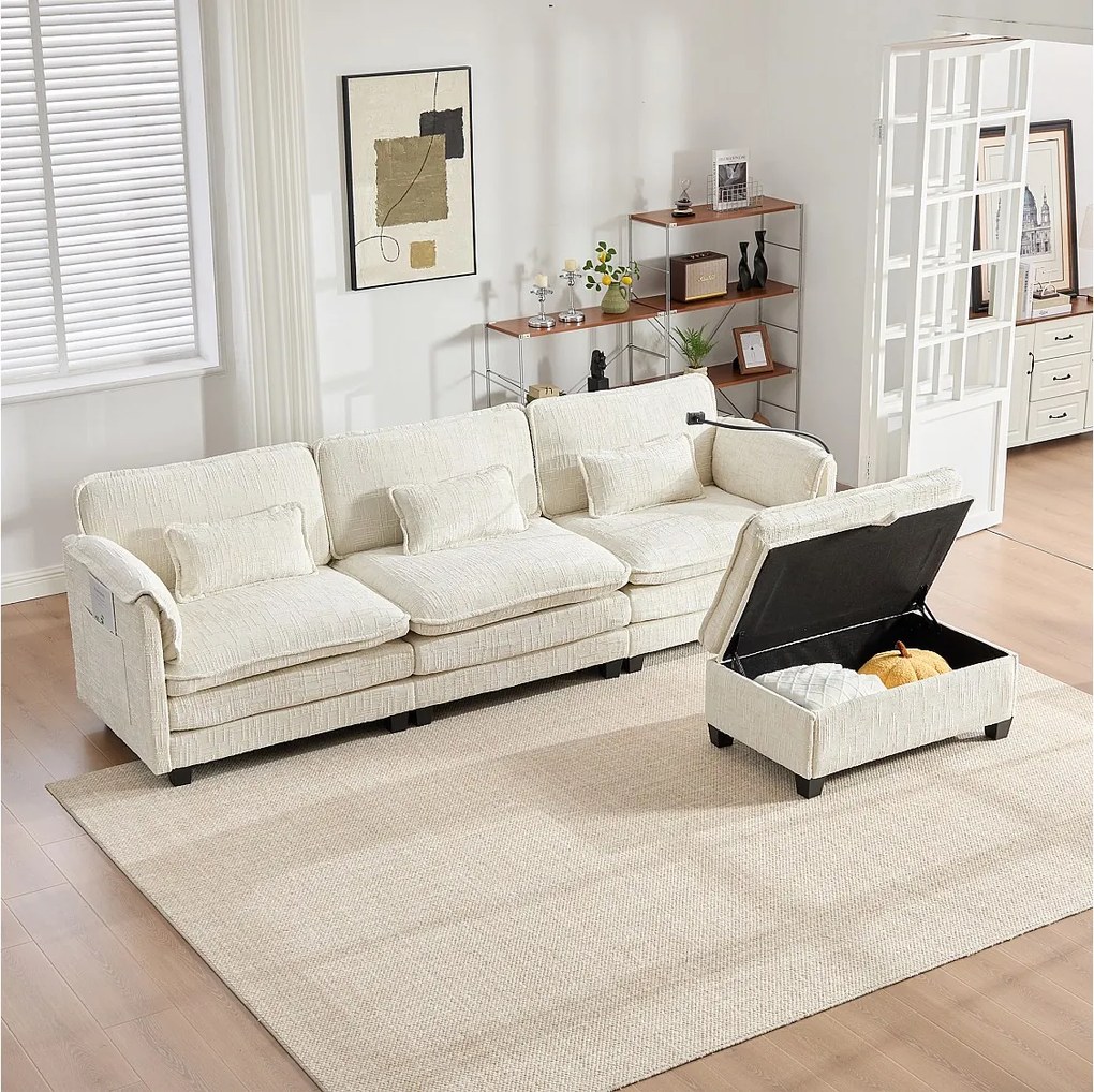 Sofa 3-osobowa, sofa narożna z portem USB, kieszeniami bocznymi i uchwytem na telefon - Beżowy szenil