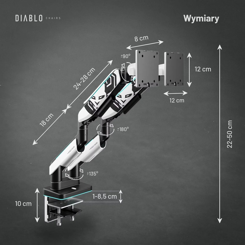 Uchwyt regulowany na 2 monitory 35 cali RGB Diablo X-Arm Dual, biało-czarny