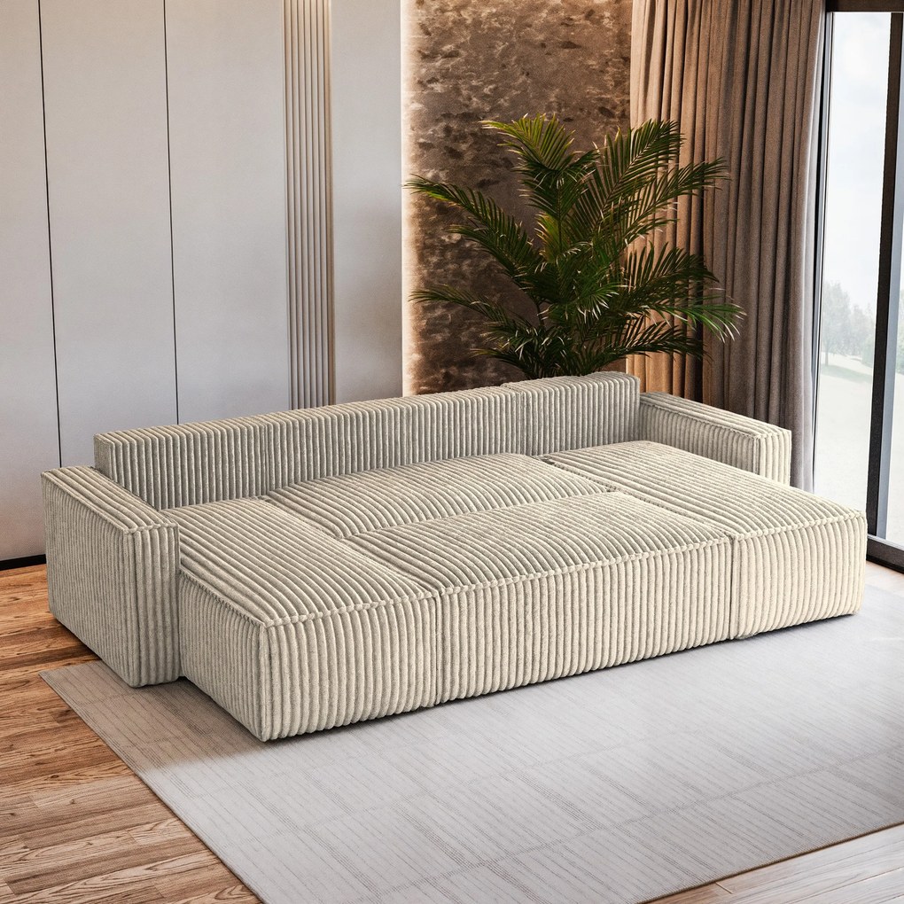 Masseno Narożnik PESANO z funkcją spania i pojemnikiem na pościel Narozniki U, Rozkładana sofa - Kremowy, TILIA 03