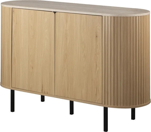 Owalna komoda do salonu ryflowana Fabia 120 cm, dąb/trawertyn