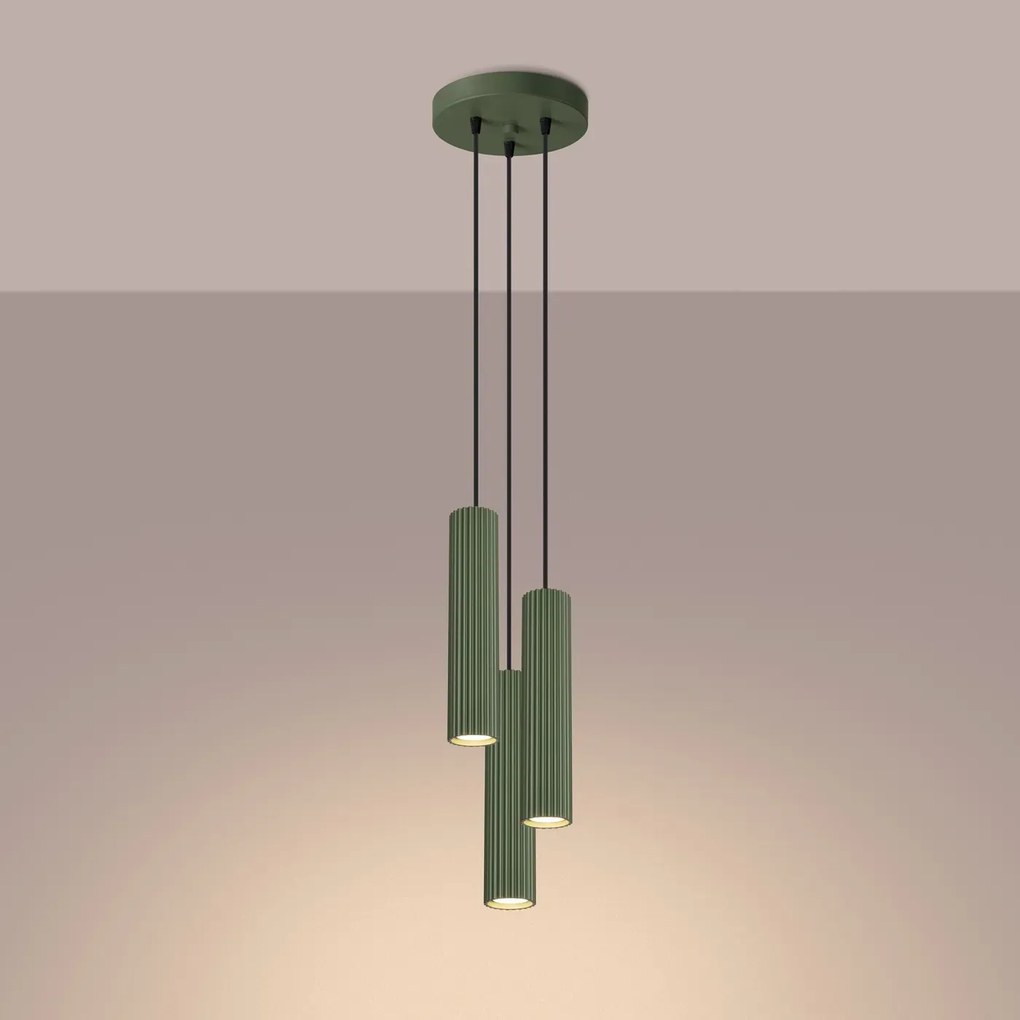Lampa wisząca KARBON 3P zielona oliwka ryflowana SOLLUX  LIGHTING