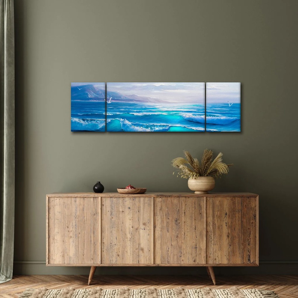 Obraz - Obraz olejny przedstawiający morze z mewami (170x50 cm)
