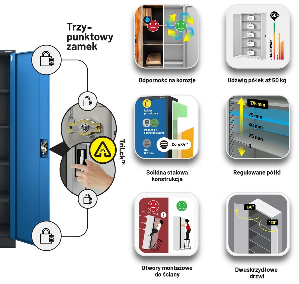 Szafa biurowa metalowa na akta antracytowo-niebieska JAN II, 1150 x 1850 x 400 mm
