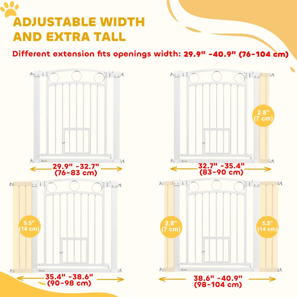 PawHut Bramka zabezpieczająca dla zwierząt, 77 cm, regulowana szerokość 76-104 cm, z drzwiami dla kota, do schodów i drzwi, biały