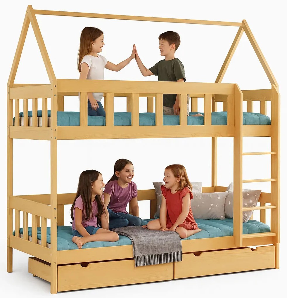 Piętrowe łóżko domek z materacami i szufladami dla dzieci, sosna R8-L77