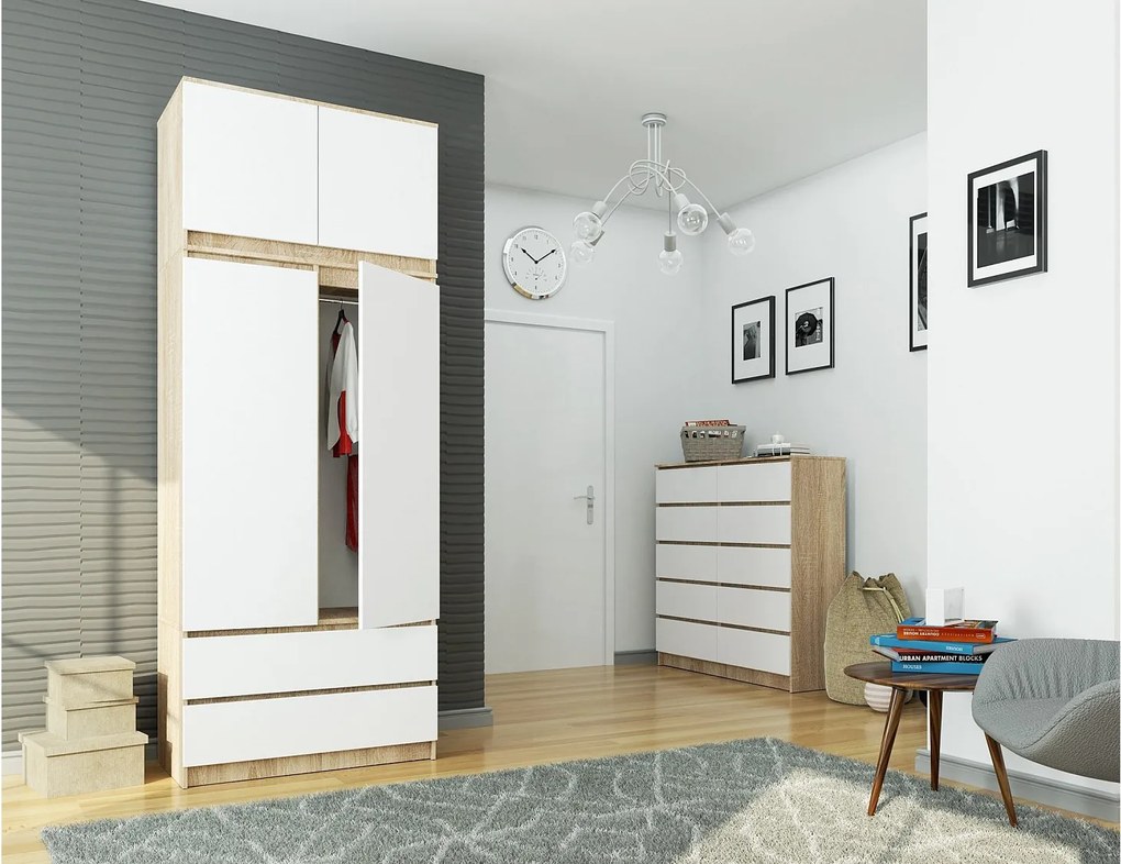 Szafa AKORD S90 z nadstawką Dąb Sonoma 90 cm 2 drzwi 2 szuflady kolor Biały mat 6 półek 90x51x234 cm