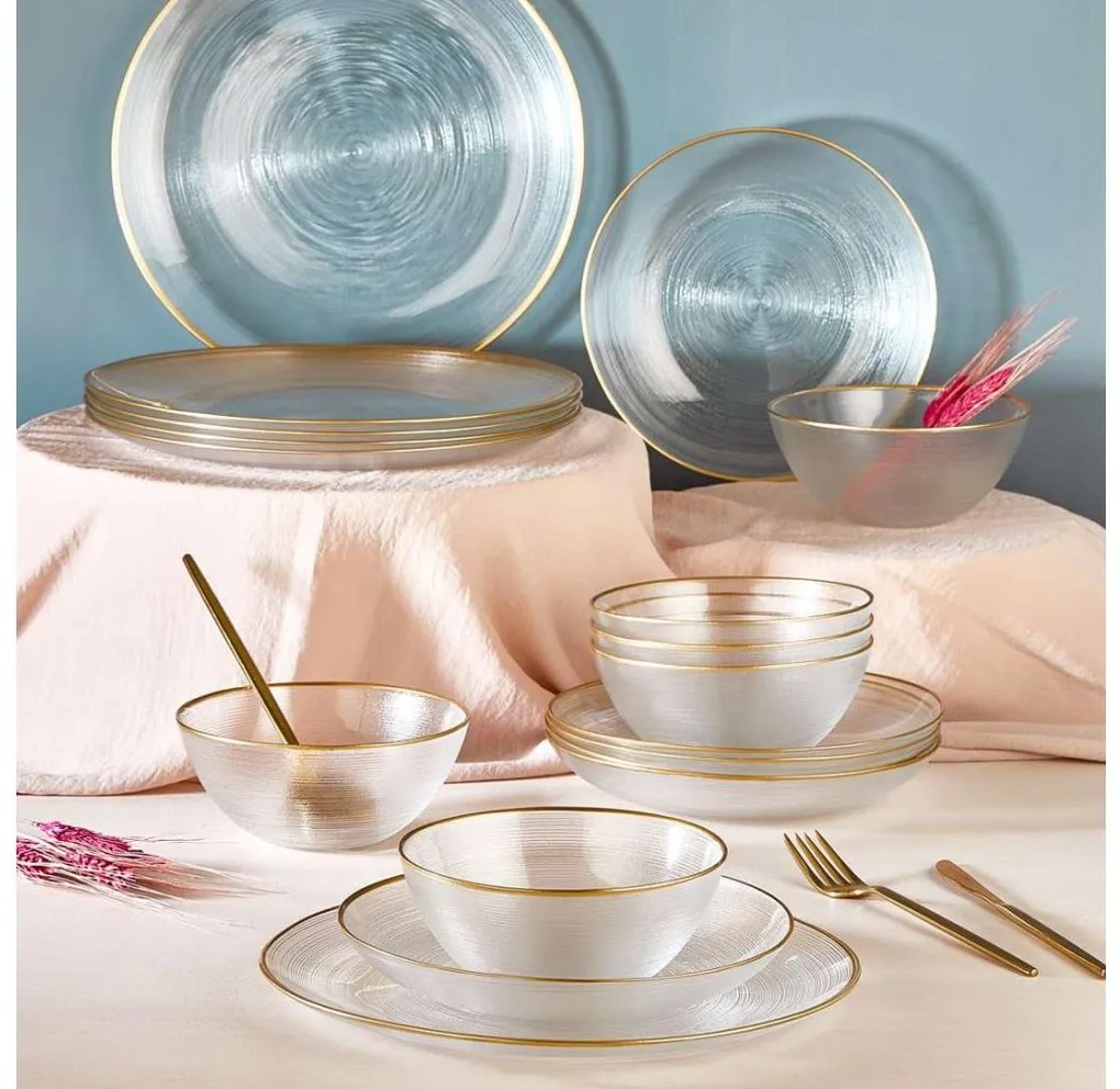 Zestaw obiadowy 18‑częściowy, przezroczysty/złoty, szkło