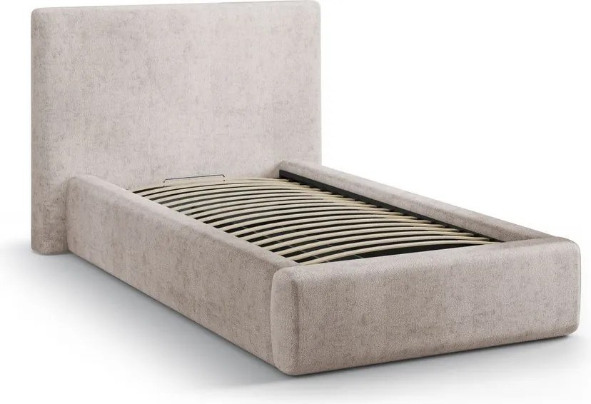 Beżowe tapicerowane łóżko jednoosobowe ze schowkiem i stelażem 90x200 cm Amy – Micadoni