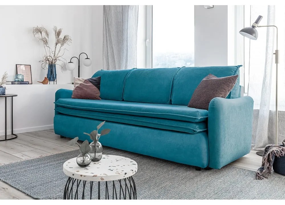 Turkusowa aksamitna rozkładana sofa Miuform Tender Eddie