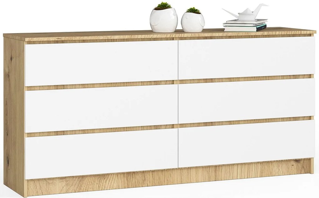 Komoda AKORD K160 Dąb Artisan 160 cm 6 szuflad kolor Biały mat 160x40x77 cm