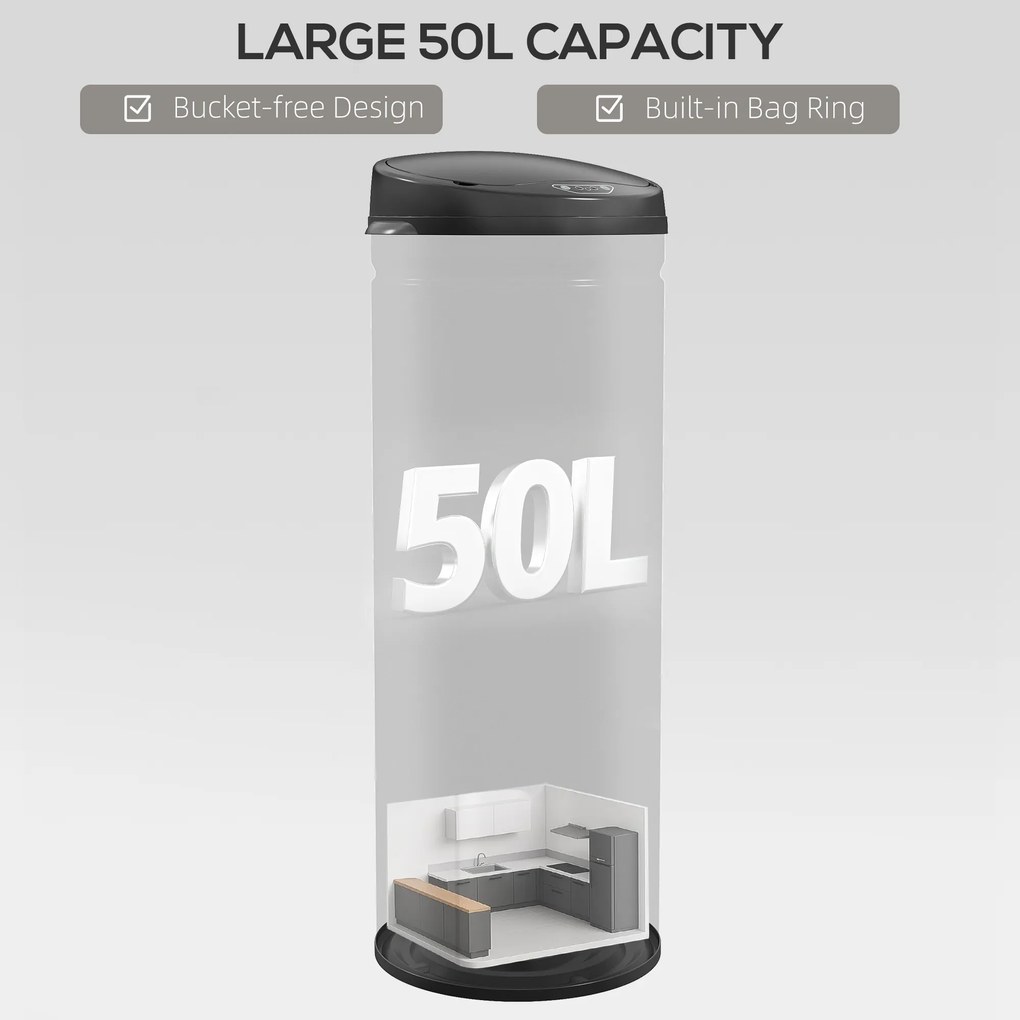 HOMCOM 50 L Kosz na śmieci z czujnikiem i funkcją Soft-Close, bezdotykowy kosz ze stali nierdzewnej do higienicznej kuchni