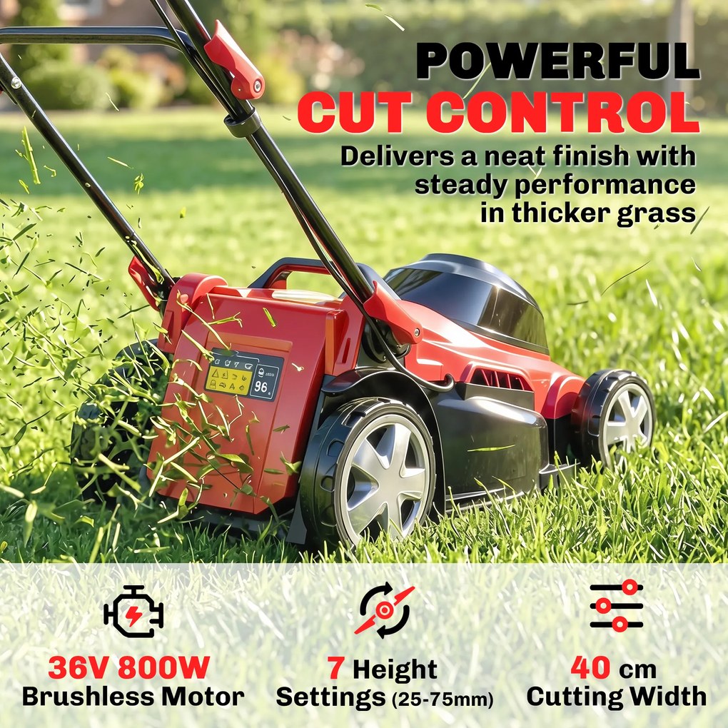 Outsunny Elektryczna Kosiarka 800 W z szerokością cięcia 40 cm, pojemnik na trawę 45 l, wskaźnik akumulatora, ochrona przed przeciążeniem, 7 wysokości cięcia | Aosom PL