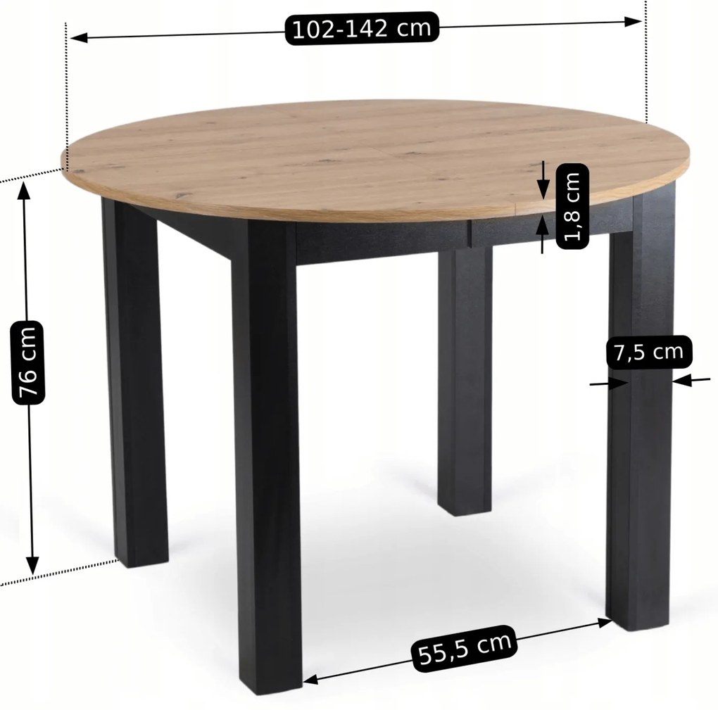 Zestaw Stół Okrągły Rozkładany HARRY 102-142 cm Dąb Artisan/Czarny i 4 Krzesła Tapicerowane IRYS Szare Nowoczesne