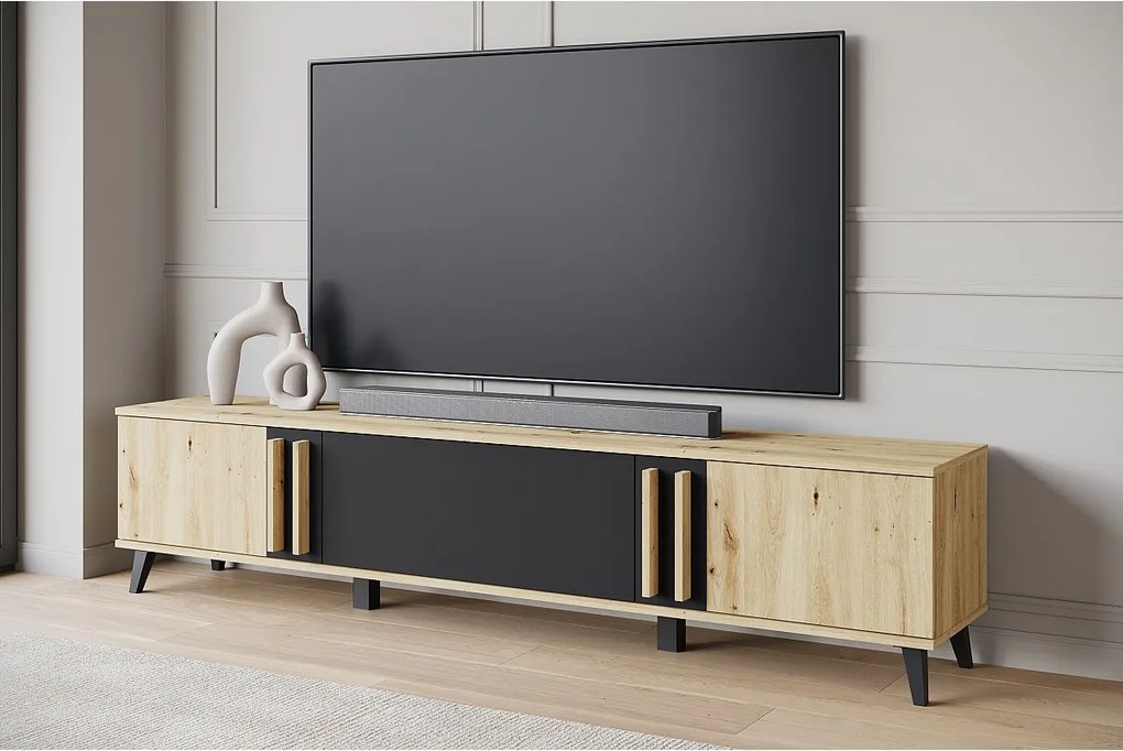 Szafka RTV 180 cm na nóżkach do salonu – nowoczesny lowboard z trzema klapami, artisan, czarny mat