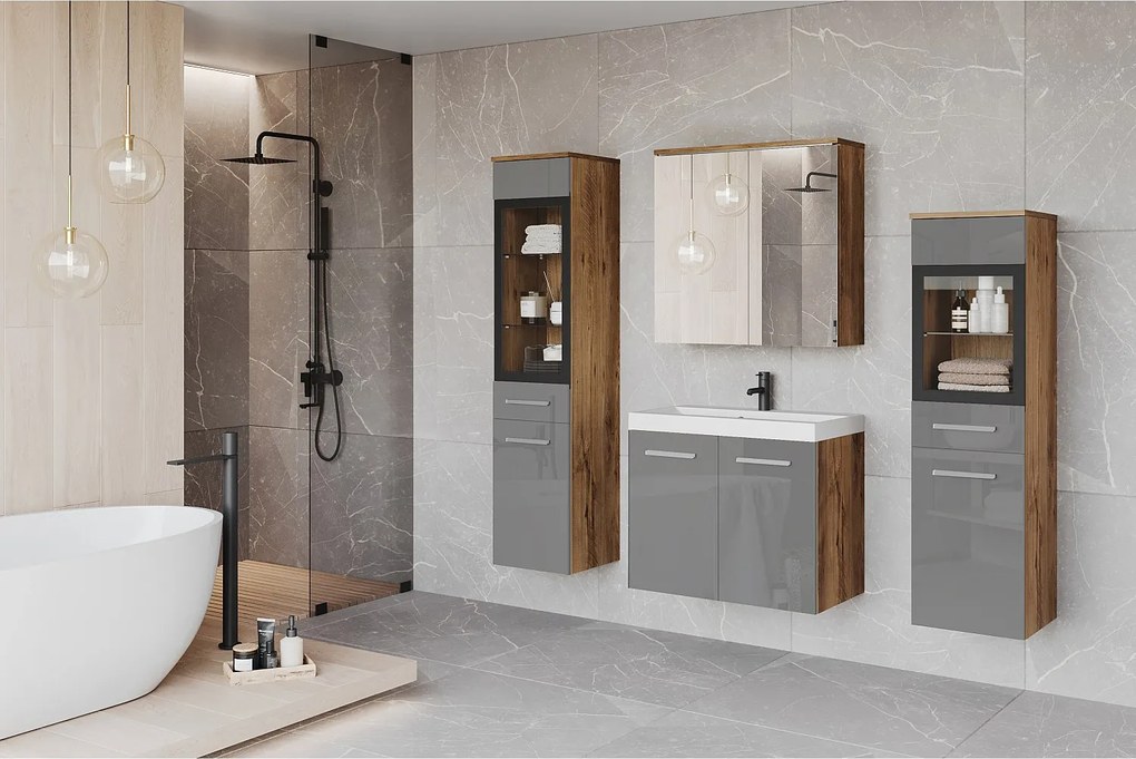 Meble łazienkowe z LED, zestaw wiszący do łazienki z umywalką, 2 słupkami i szafką lustrzaną, korpus kasztan, fronty szary połysk