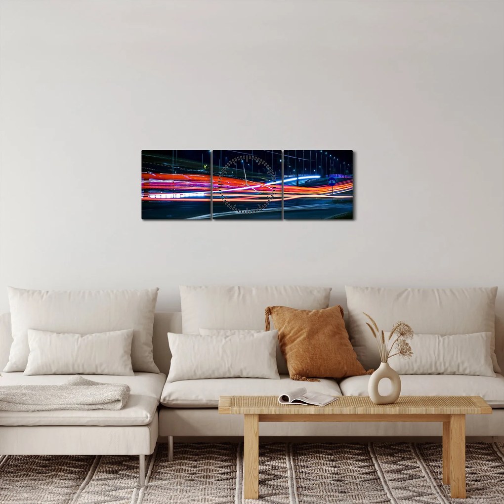 Obraz miasto nocą (z zegarem) (90x30 cm)
