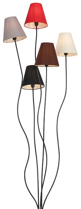 Designerska lampa podłogowa czarna z abażurami z tkaniny 5-światłowa - Melis Nowoczesny Oswietlenie wewnetrzne