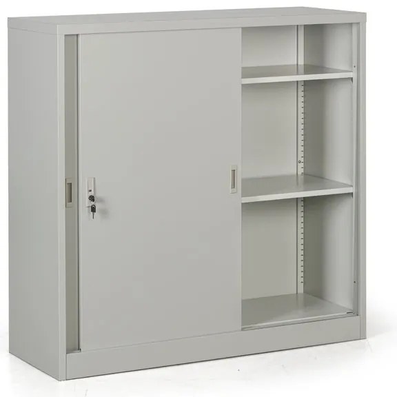 Metalowa szafa z przesuwnymi drzwiami, 2 półki, 1200 x 1200 x 450 mm, jasnoszary