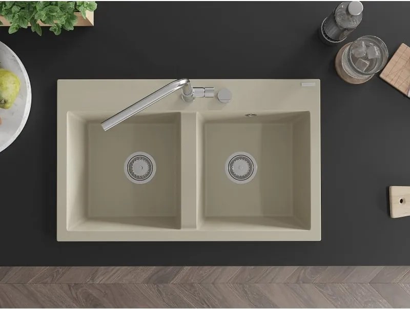 Mexen Hektor zlewozmywak granitowy 2-komorowy 800 x 480 mm, beżowy, syfon chrom - 6521802000-69