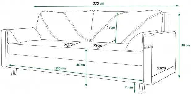 Musztardowa sofa rozkładana z pojemnikiem na pościel - Petra