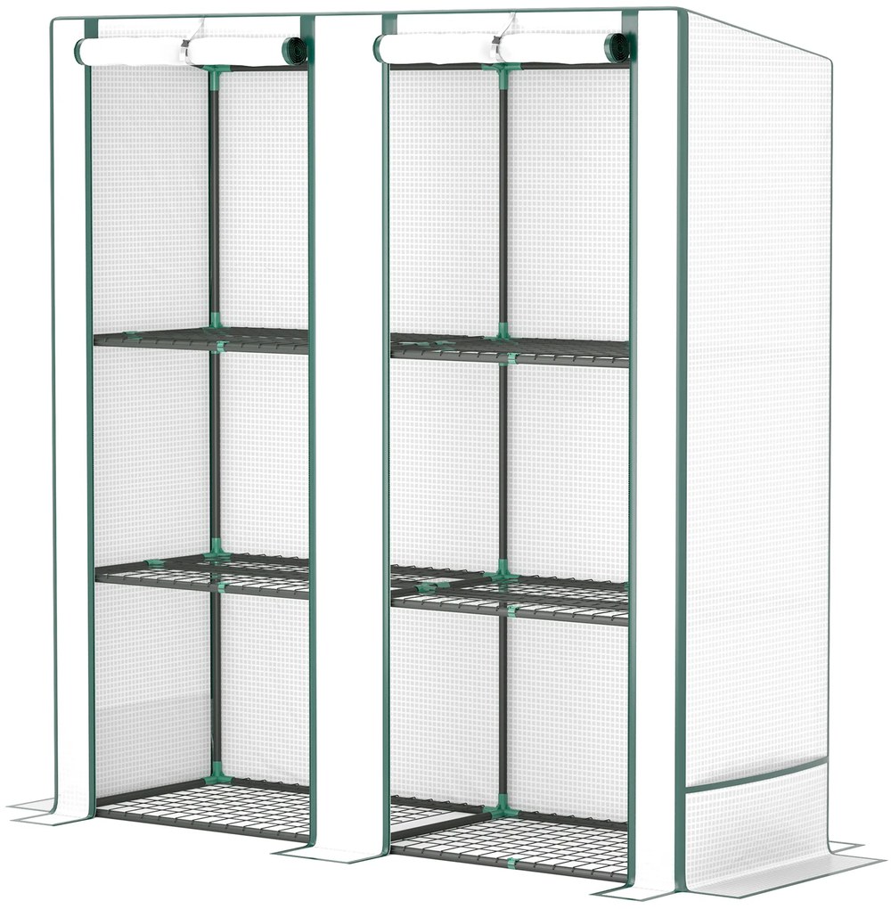 Outsunny Mini szklarnia z 3-poziomową półką, osłona z plastiku, odporna na UV, przenośna, drzwi rolowane, 144 x 48 x 152 cm, Biała