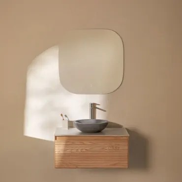 Zestaw Wiszących Mebli Łazienkowych Z Drewna Jesionowego Tedrik Popielaty Brąz & Okrągły Szary Cement Ø40 Cm - Sklum