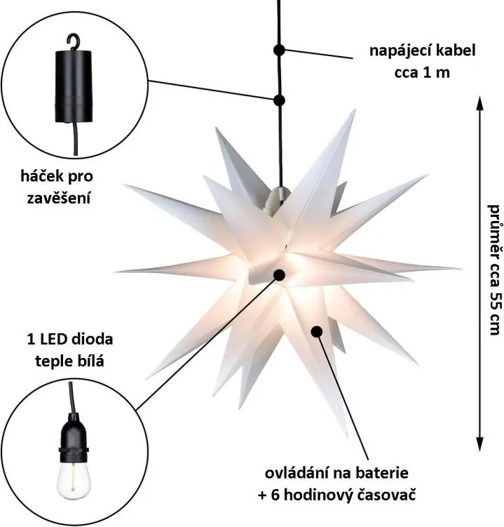 Dekoracja świąteczna - gwiazda 1 LED, 55 cm, biała