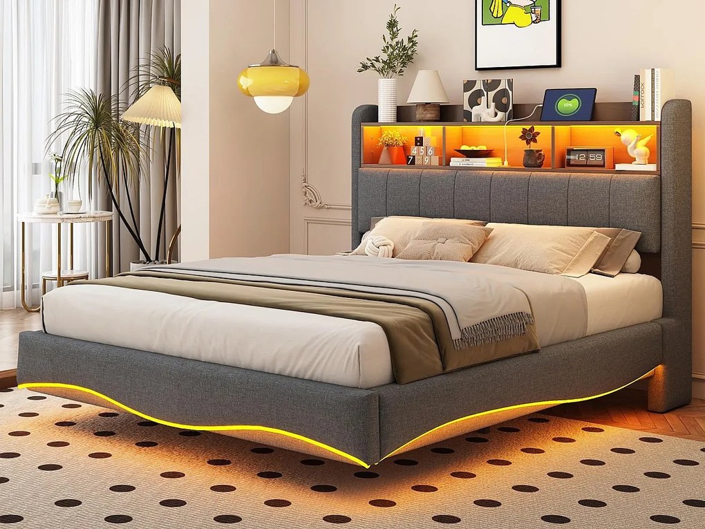 Łóżko dwuosobowe 140x200cm z tkaniny lnianej - wezgłowie z miejscem do przechowywania z LED i gniazdami - Szare